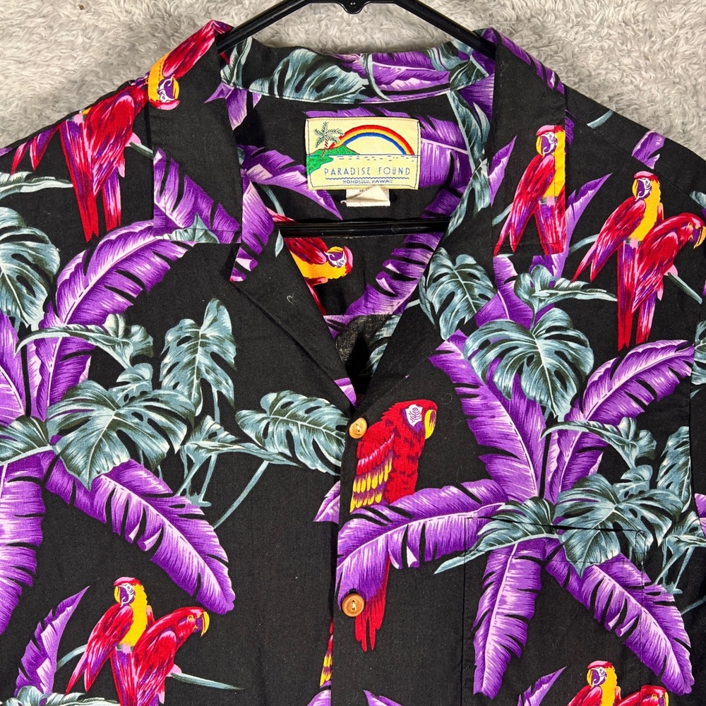 Vintage Paradise Found Honolulu Hawaii Parrot Tropical Cotton Shirt Mens Large